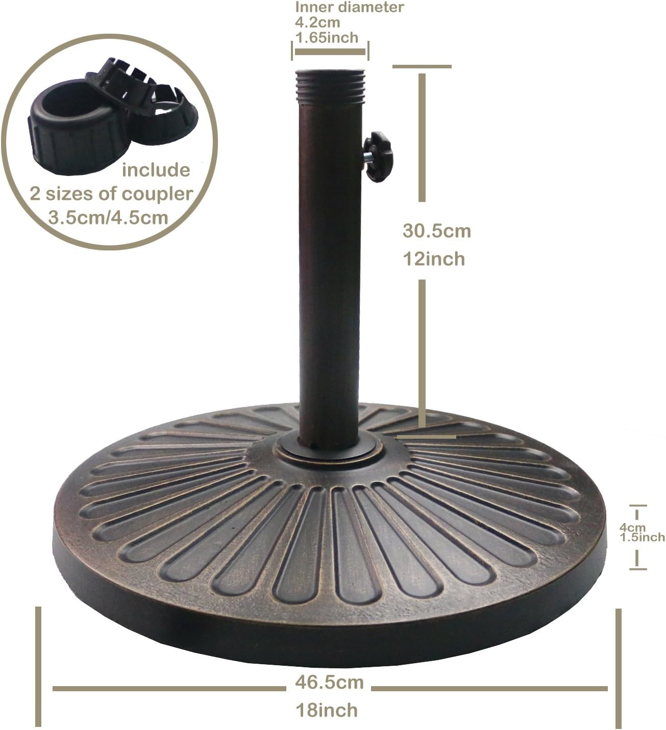 18" Heavy-Duty Round Umbrella Base β 30.2 lbs Resin Weighted Stand for Patio, Outdoor Use β Bronze Finish