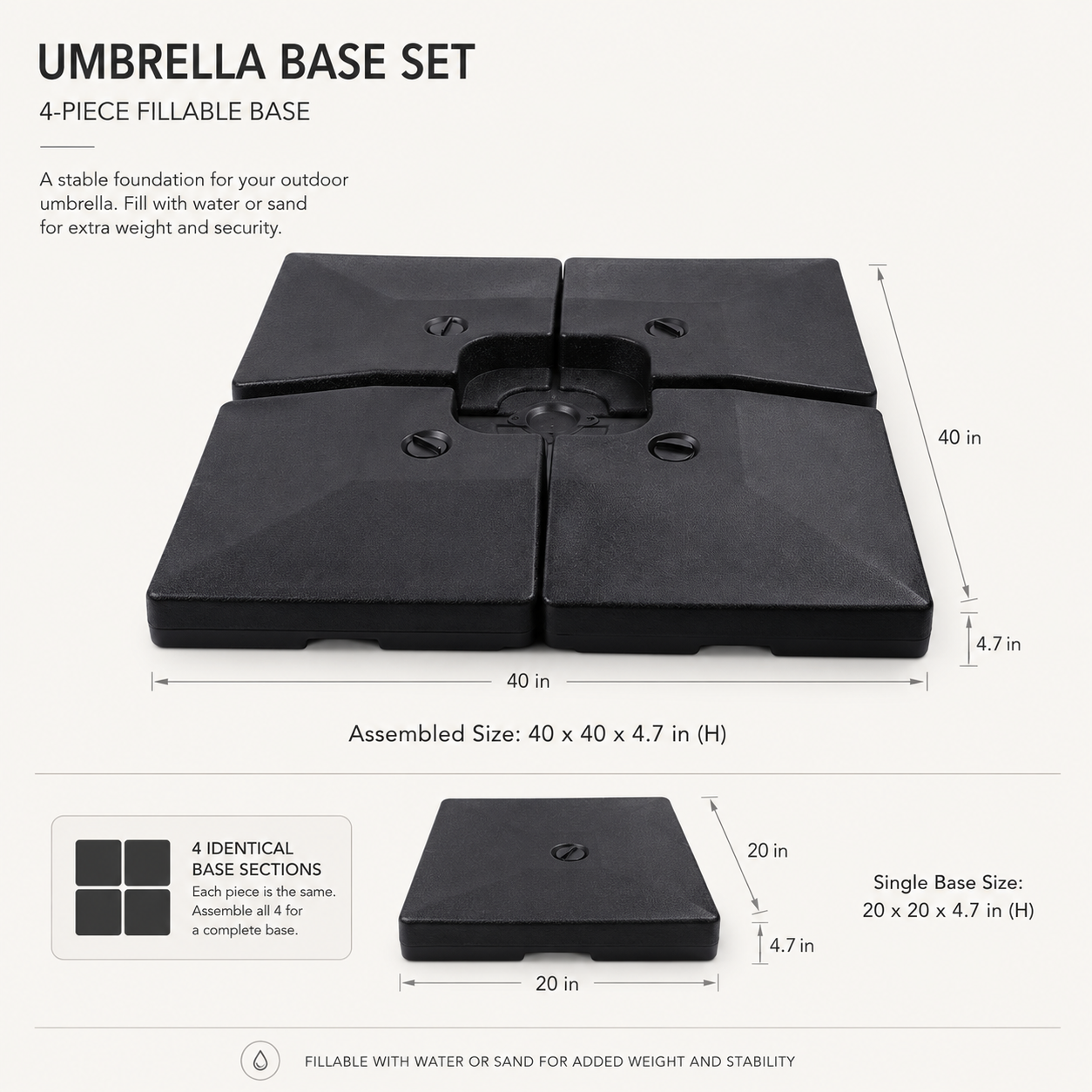 Sunnyglade 4-Piece 200LB Fillable Cantilever Patio Umbrella Base with Heavy-Duty HDPE Water or Sand Filled Plates, Black
