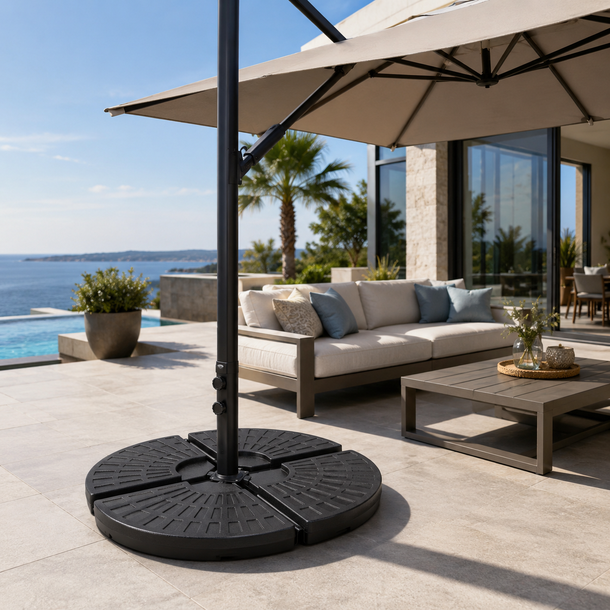 Sunnyglade 4-Piece Fan-Shaped Water or Sand Filled Cantilever Offset Umbrella Base for Cross Base, Black