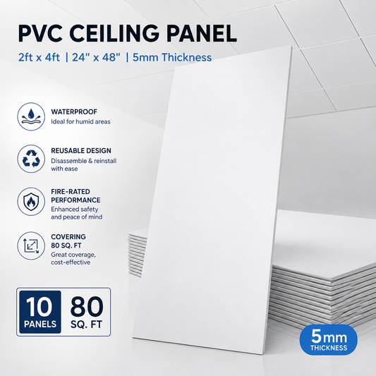 Sunnyglade 10-Pack 2x4 ft White PVC Drop Ceiling Tiles, Waterproof 5mm Panels, Reusable, Fire-Rated, 80 sq. ft Coverage, Easy Installation