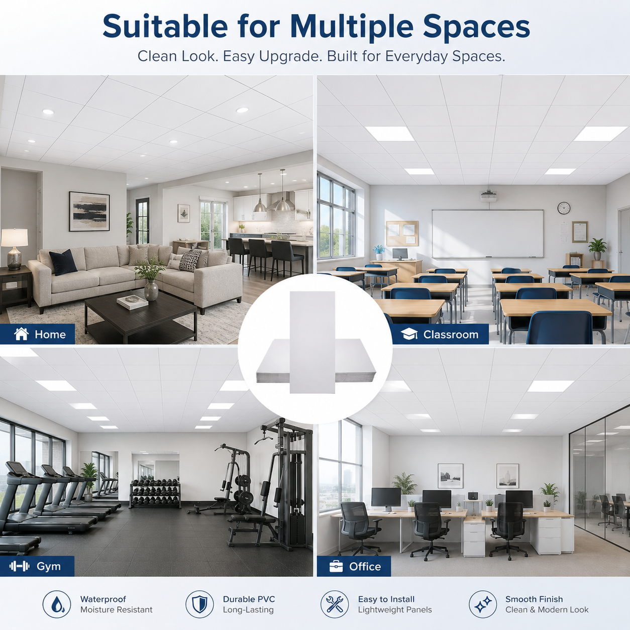Sunnyglade 10-Pack 2x4 ft White PVC Drop Ceiling Tiles, Waterproof 5mm Panels, Reusable, Fire-Rated, 80 sq. ft Coverage, Easy Installation