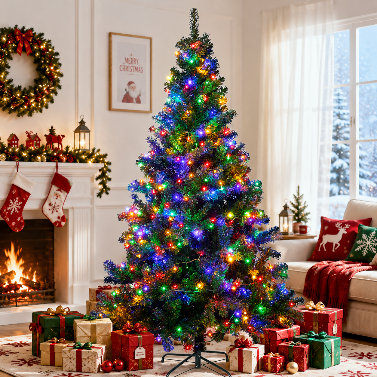 Sunnyglade Artificial Christmas Tree with Multicolor LED Lights & 8 Lighting Modes